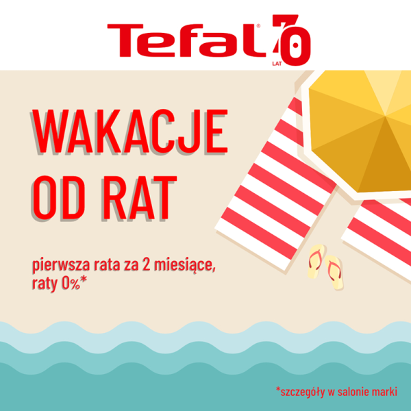 Grafika promocyjna marki Tefal. Layout graficzny, ilustracyjny przedstawiający plażę z góry. Napisy wakacje od rat, raty 0%.